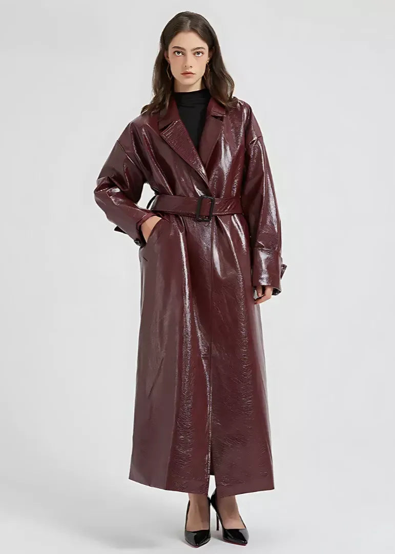Trench Femme en Cuir Végan Brillant Coupe Slim Longueur Totale Ceinture Ceinturée