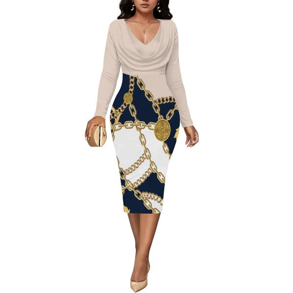 Robe Midi Femme Amawinc Encolure Portefeuille Manches Longues Imprimé Chaîne Silhouette Ajustée