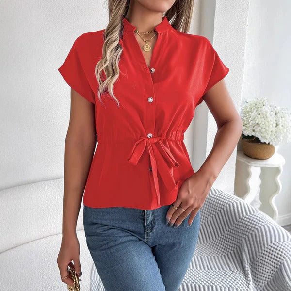Blouse Femme Nordisk Flair Coupe Ajustée Ceinture À La Taille Bouton Devant Manches Courtes Coton