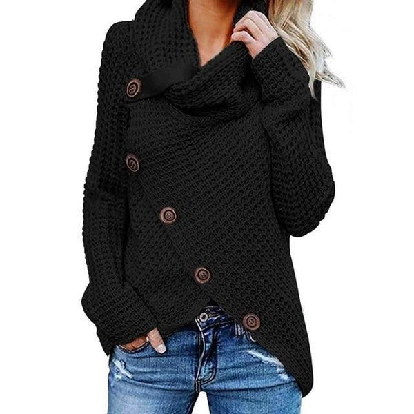 Pull Femme À Col Drapé En Maille Gaufrée Coupe Décontractée Avec Boutons Asymétriques À L'Avant