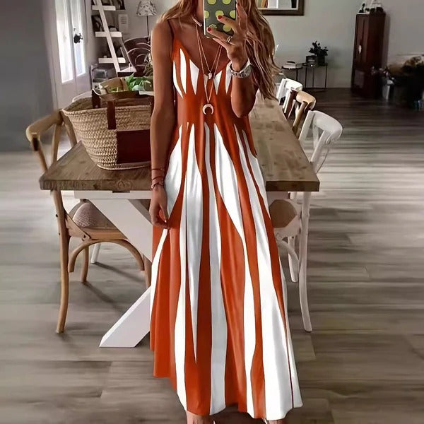 Robe Maxi Femme À Coupe Fluide Sans Manches Col V Rayures Verticales Pour Été Vacances Style Décontracté Et Confortable
