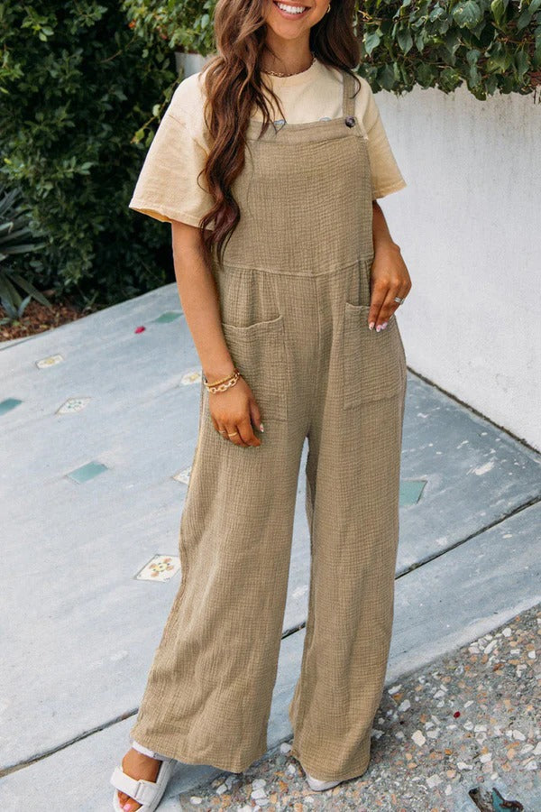 Combinaison Femme Décontractée En Mélange De Coton Pantalon Large Sans Manches Avec Poches Frontales