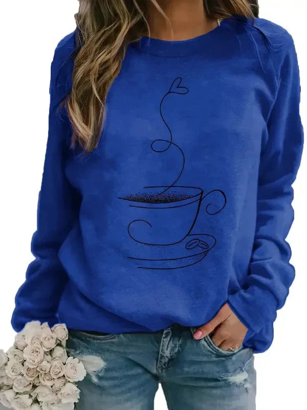 Sweat Femme Coupe Décontractée En Mélange De Coton Imprimé Tasse De Café Col Rond Ultra Confortable