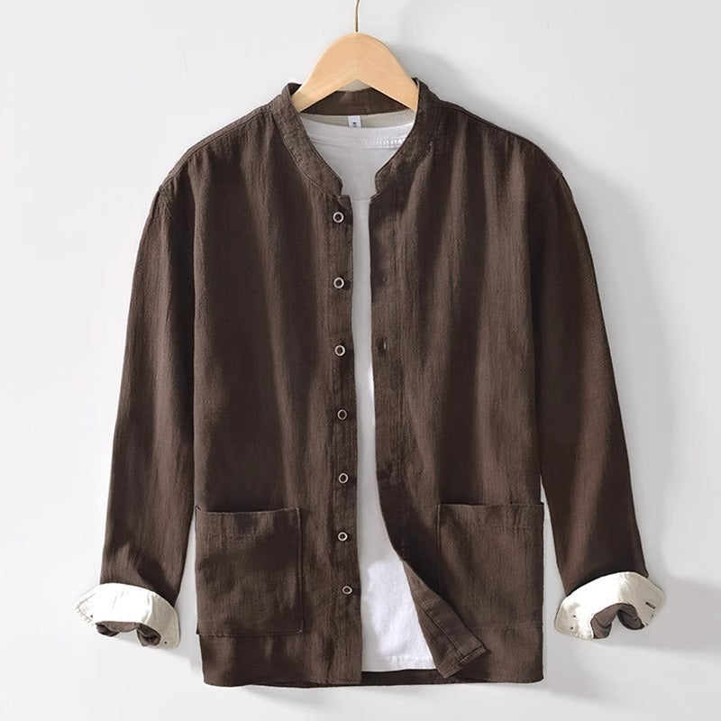 Chemise Haku Col Mandarin Coupe Décontractée Tissu Texturé Poches Oversize Manches Contrastées