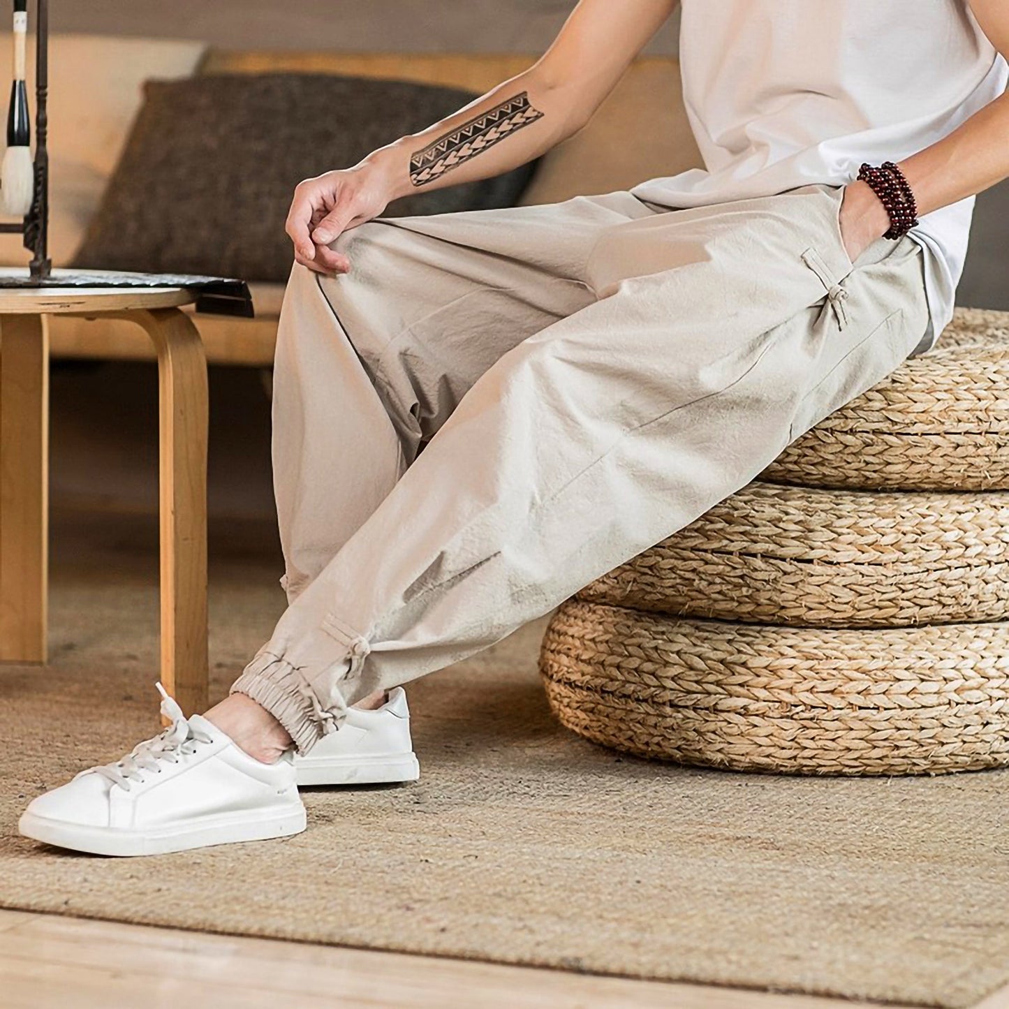 Pantalon Décontracté Toka En Coton Mélangé Respirant Avec Coupe Détendue Et Ourlets Côtelés