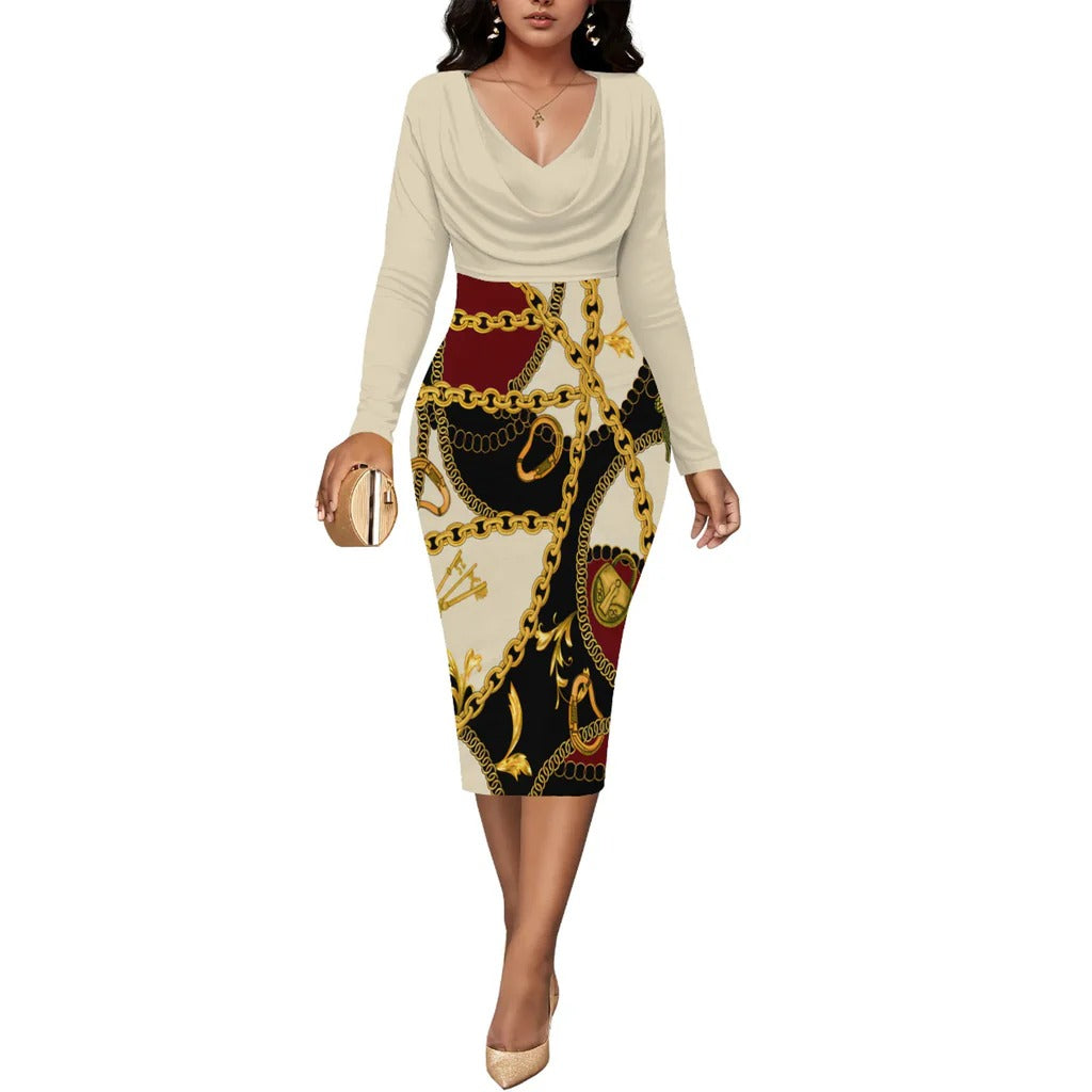 Robe Midi Femme Amawinc Encolure Portefeuille Manches Longues Imprimé Chaîne Silhouette Ajustée