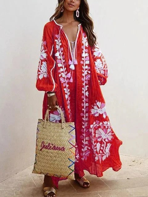 Robe Kaftan Femme Avec Broderie Florale Coupe Fluide Et Tissu Coton Respirant Amawinc