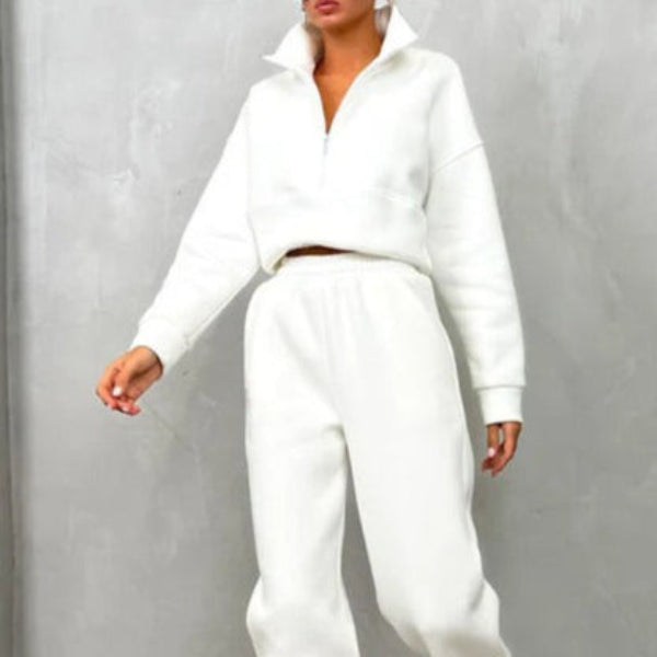 Ensemble Sweat Deux Pièces Femme Coupe Décontractée Haut Col Montant Demi Zip Mélange Coton Taille Élastique