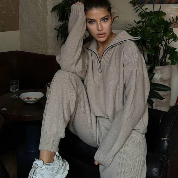 Ensemble Deux Pièces Haut Zippé Demi Zip Tricot Doux Coupe Oversize Poignets Côtes Tenue Décontractée