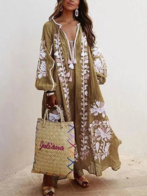 Robe Kaftan Femme Avec Broderie Florale Coupe Fluide Et Tissu Coton Respirant Amawinc