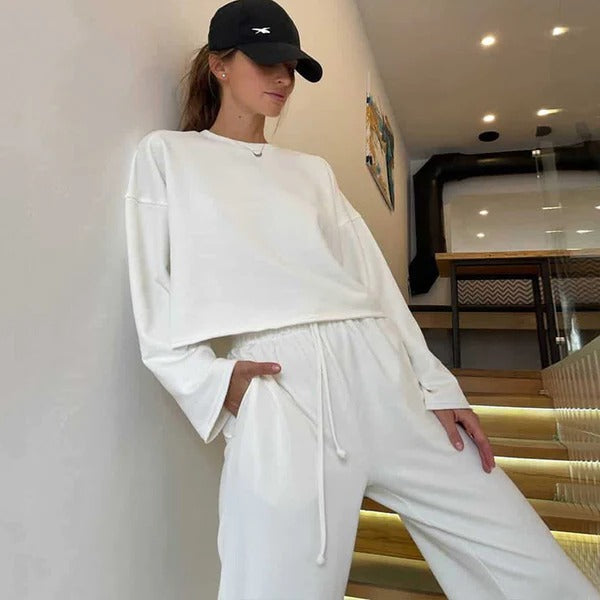 Ensemble Athleisure Deux Pièces Pour Femmes Haut Court Décontracté Pantalon À Taille À Cordon En Mélange De Coton