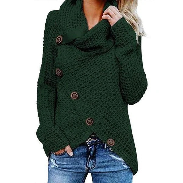 Pull Femme À Col Drapé En Maille Gaufrée Coupe Décontractée Avec Boutons Asymétriques À L'Avant