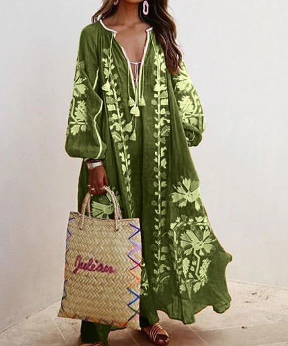 Robe Kaftan Femme Avec Broderie Florale Coupe Fluide Et Tissu Coton Respirant Amawinc
