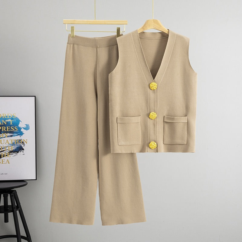 Ensemble Deux Pièces Femme En Maille Avec Gilet Boutonné Et Pantalon Large Décontracté