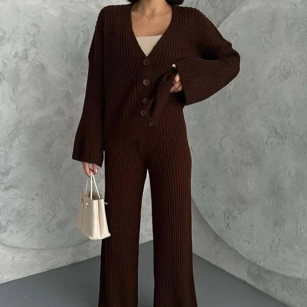 Cardigan Deux Pièces Boutonné Tricot À Côtes Coupe Oversize Manches Amples Pour Détente