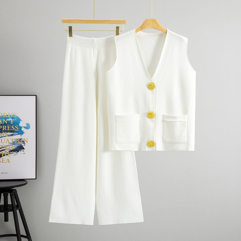 Ensemble Deux Pièces Femme En Maille Avec Gilet Boutonné Et Pantalon Large Décontracté