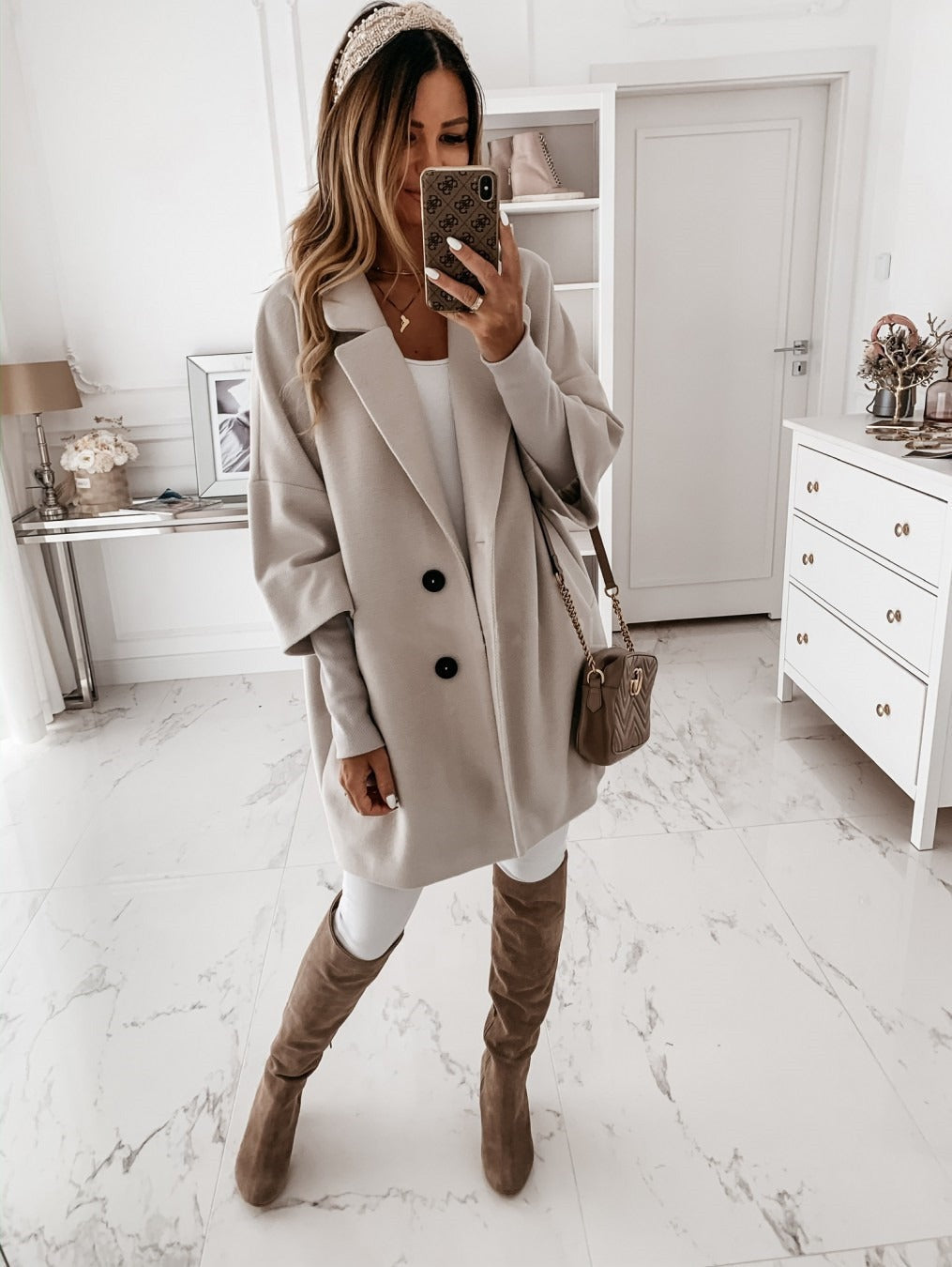 Manteau En Laine Pour Femme Nordisk Flair Coupe Oversize Manches Trois Quarts Fermeture Boutons Col Revers