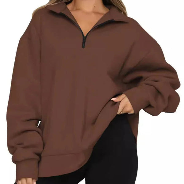 Sweatshirt Femme Oversize Effet Coton Col Montant Zip Court Décontracté Nordisk Flair Amawinc