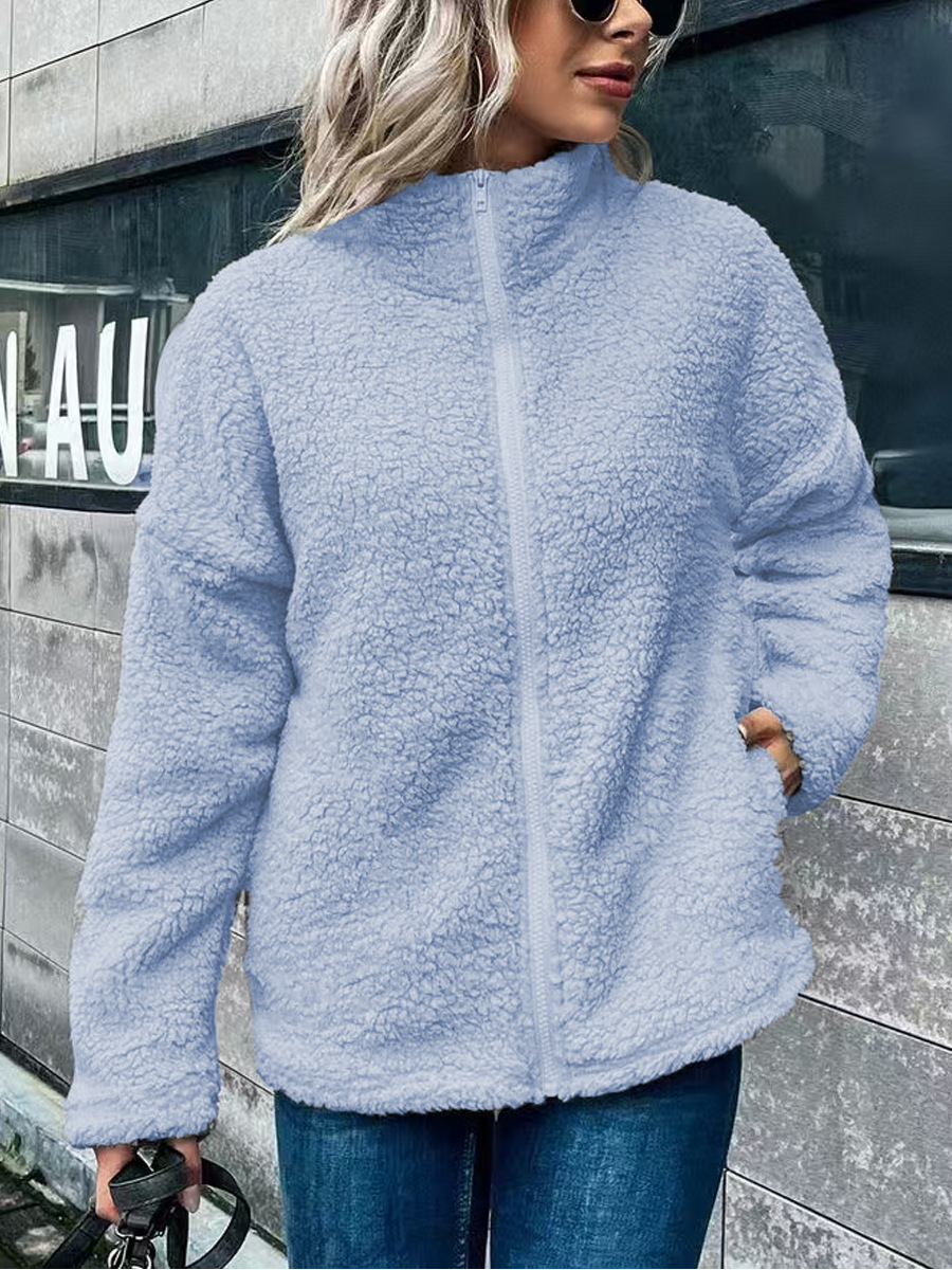 Manteau En Polaire Pour Femmes Coupe Oversized Mélange Laine Et Polaire Col Montant Manches Longues Fermeture Éclair