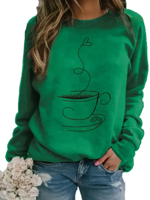 Sweat Femme Coupe Décontractée En Mélange De Coton Imprimé Tasse De Café Col Rond Ultra Confortable