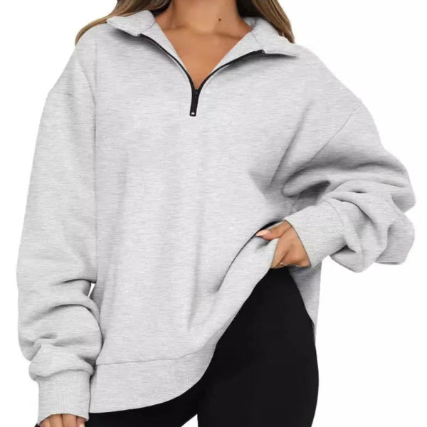 Sweatshirt Femme Oversize Effet Coton Col Montant Zip Court Décontracté Nordisk Flair Amawinc