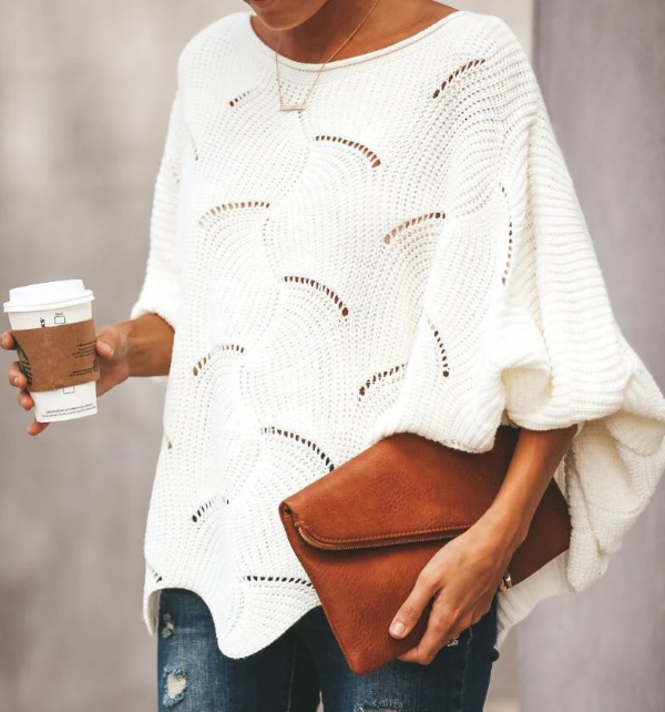 Pull Femme Décontracté En Mélange De Laine Maille Ouverte Avec Manches Batwing Et Ourlet Festonné