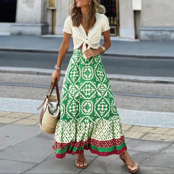 Jupe Maxi Femme Taille Haute À Volants Boho Imprimé Géométrique Léger Et Confortable Pour Été
