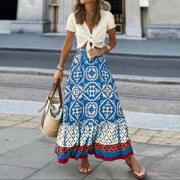 Jupe Maxi Femme Taille Haute À Volants Boho Imprimé Géométrique Léger Et Confortable Pour Été