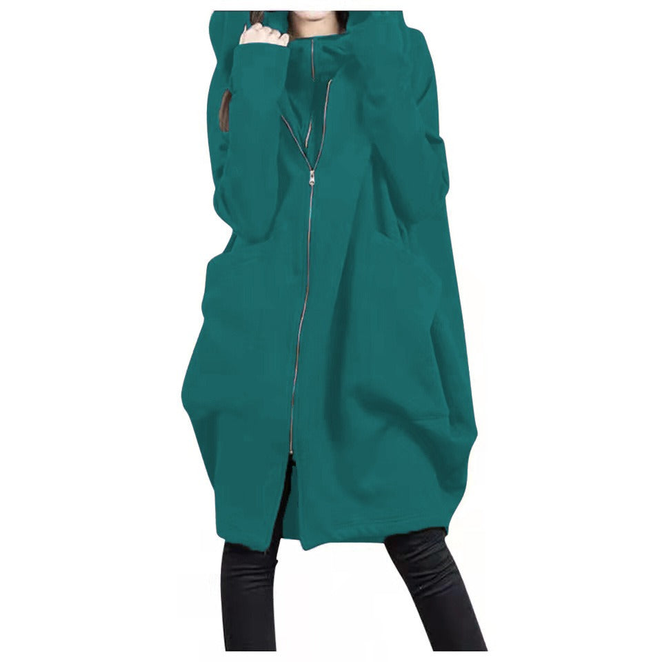 Manteau Midi Femme Oversized Mélange Laine Capuche Zip Devant Poches Pour Automne Hiver