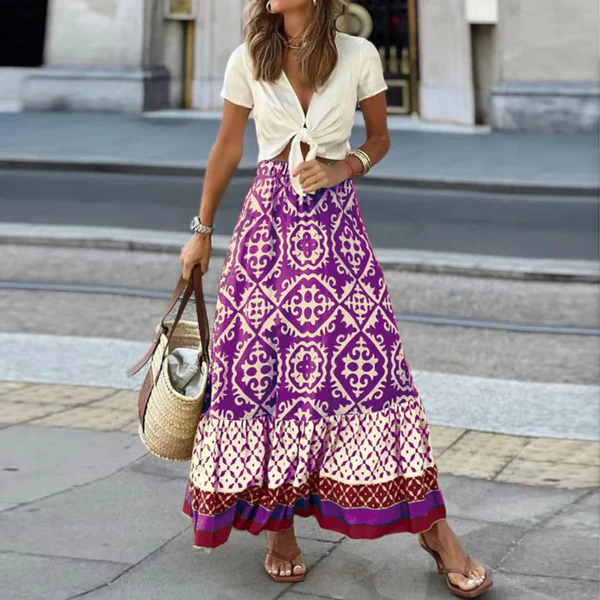 Jupe Maxi Femme Taille Haute À Volants Boho Imprimé Géométrique Léger Et Confortable Pour Été