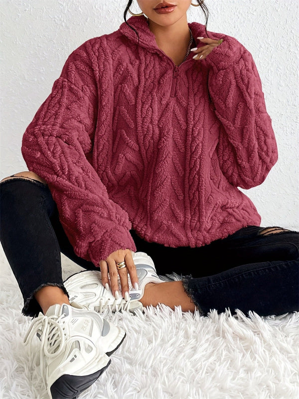 Pull Femme En Faux Shearling Et Maille Cable Doux Coupe Décontractée Zip Demi Pour Automne Hiver