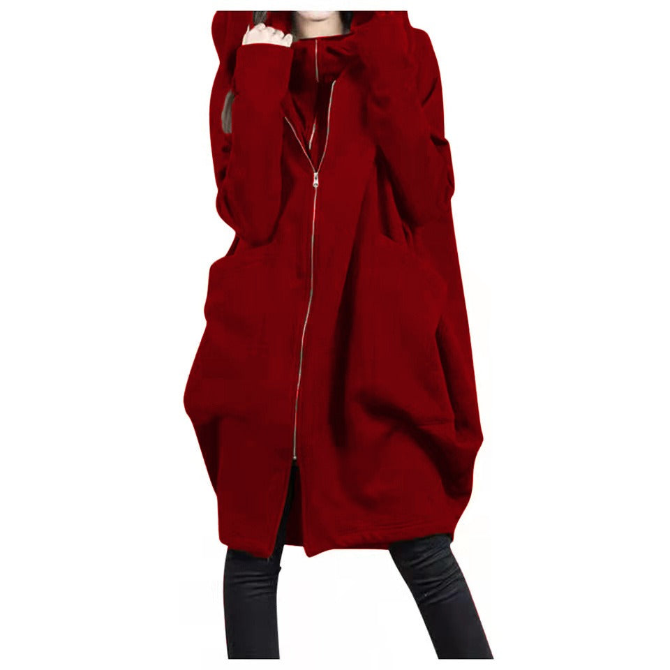 Manteau Midi Femme Oversized Mélange Laine Capuche Zip Devant Poches Pour Automne Hiver