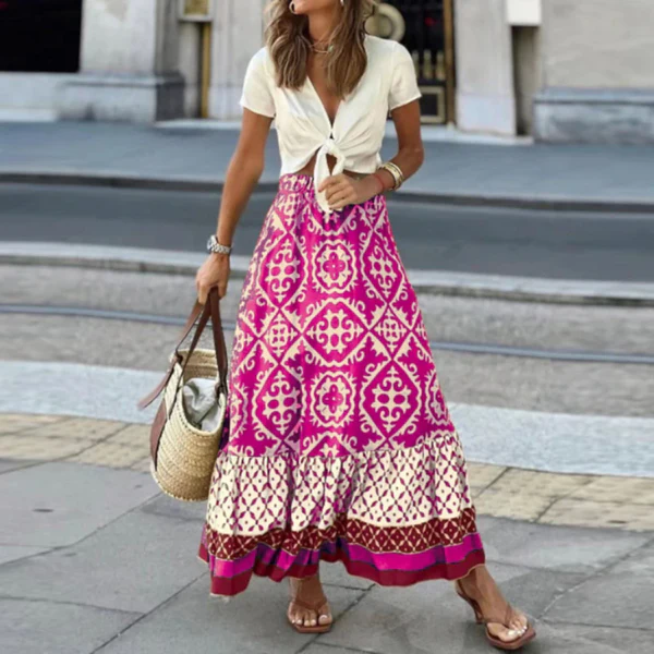 Jupe Maxi Femme Taille Haute À Volants Boho Imprimé Géométrique Léger Et Confortable Pour Été