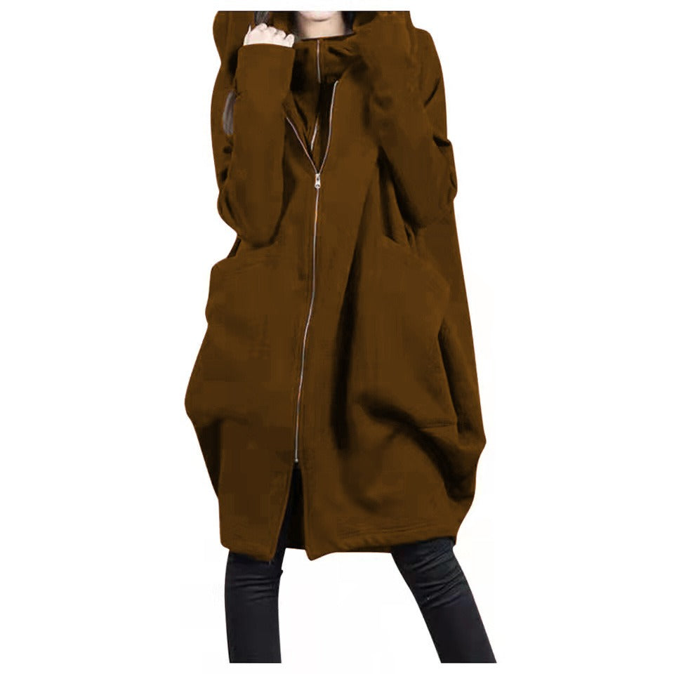 Manteau Midi Femme Oversized Mélange Laine Capuche Zip Devant Poches Pour Automne Hiver
