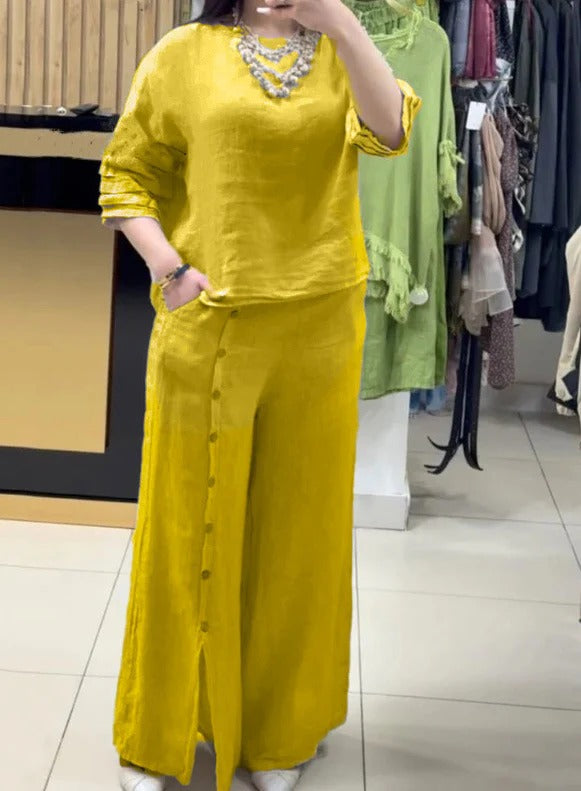 Ensemble Deux Pièces En Lin Pour Femme Haut Décontracté Et Pantalon À Jambes Larges Boutonné