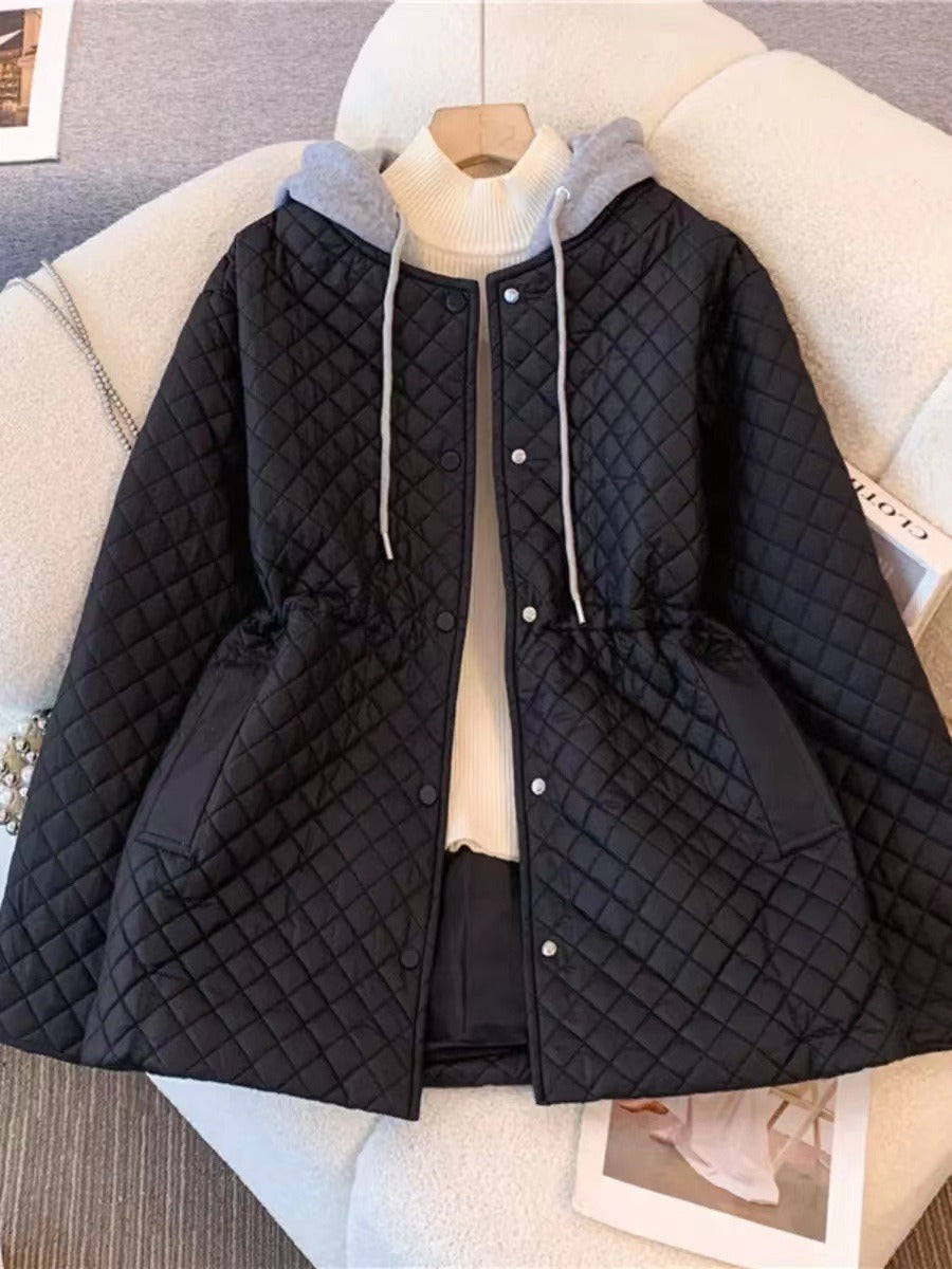 Manteau Matelassé Nylon À Capuche Pour Femmes, Taille À Cordon, Boutons Pression, Poches Plaquées, Coupe A Ligne