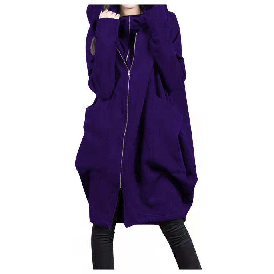 Manteau Midi Femme Oversized Mélange Laine Capuche Zip Devant Poches Pour Automne Hiver