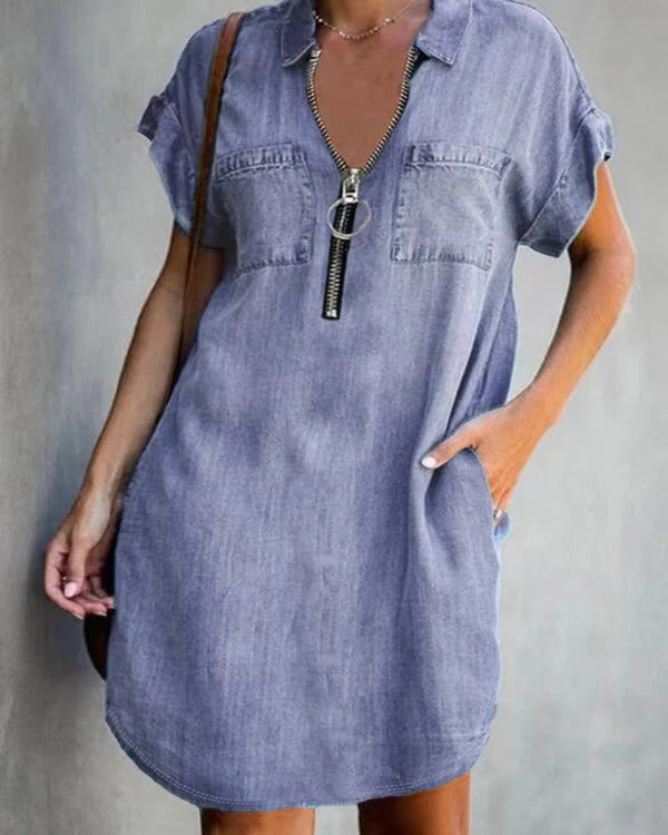 Amawinc Robe En Jean Pour Femme À Coupe Décontractée Manches Courtes Fermeture Éclair Devant Poches Utilitaires