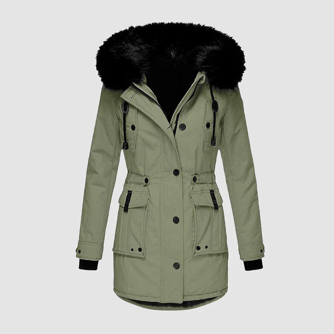 Manteau Long Femme À Coupe Tailleur Capuche En Fourrure Synthétique Avec Ceinture Et Boutons Devant