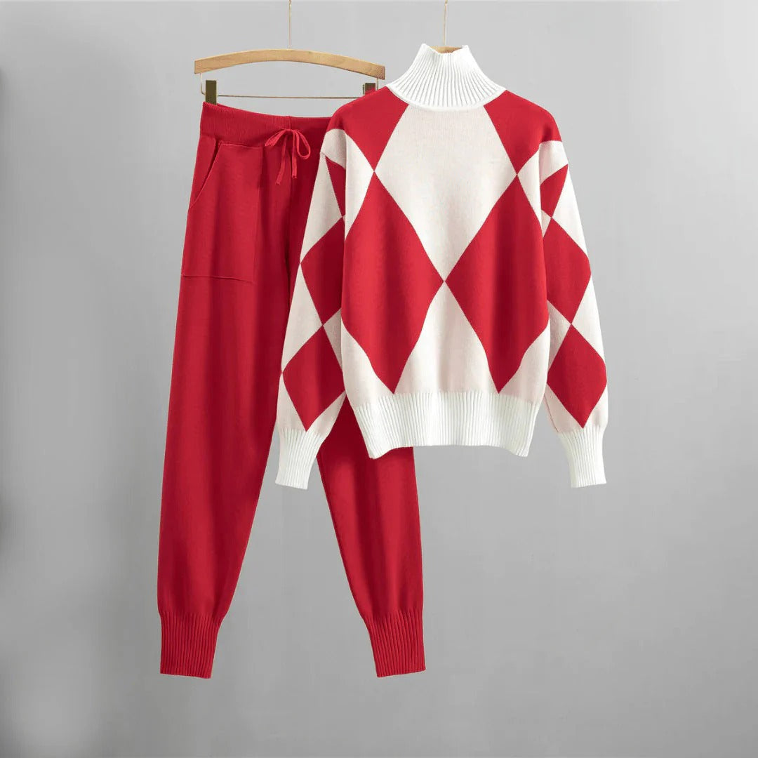 Ensemble Pull Et Pantalon En Maille Pour Femme Coupe Décontractée Col Roulé Argyle Taille À Cordon
