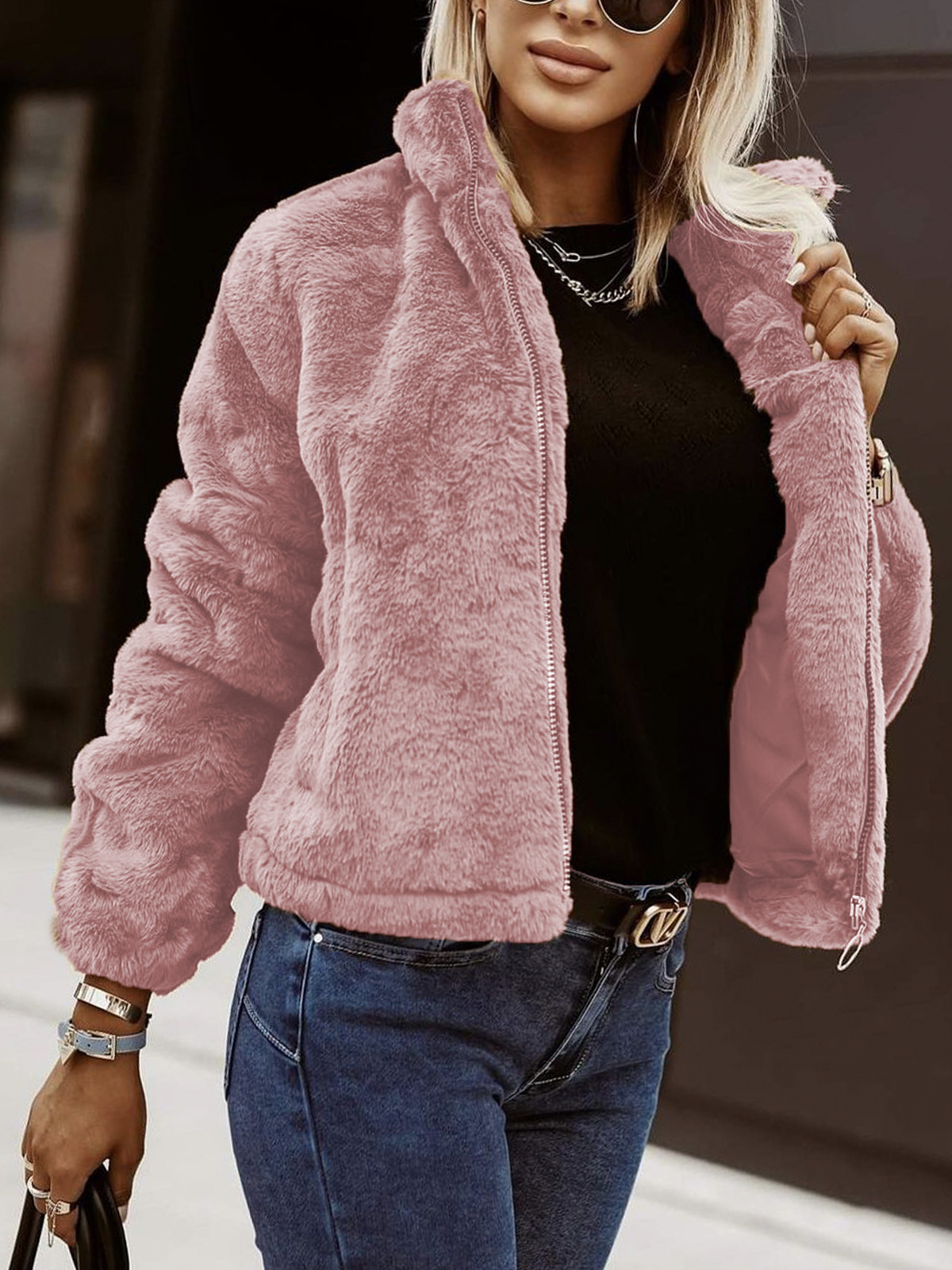 Cardigan Femme En Faux Cuir Texture Peluche Fermeture Éclair Devant Col Montant Coupe Décontractée