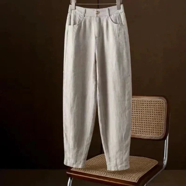 Pantalon Femme Taille Haute Coupe Décontractée En Coton Avec Poches Et Jambe Fuselée