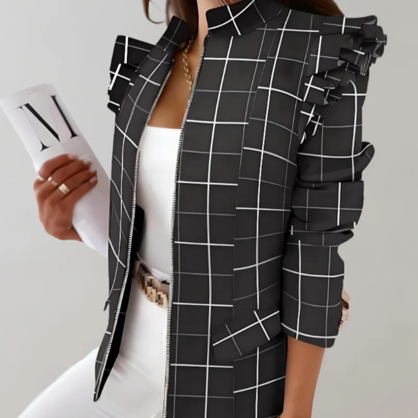Veste Femme Amawinc Coupe Ajustée Motif À Carreaux Épaules À Volants Col Montant Longueur À Hanches