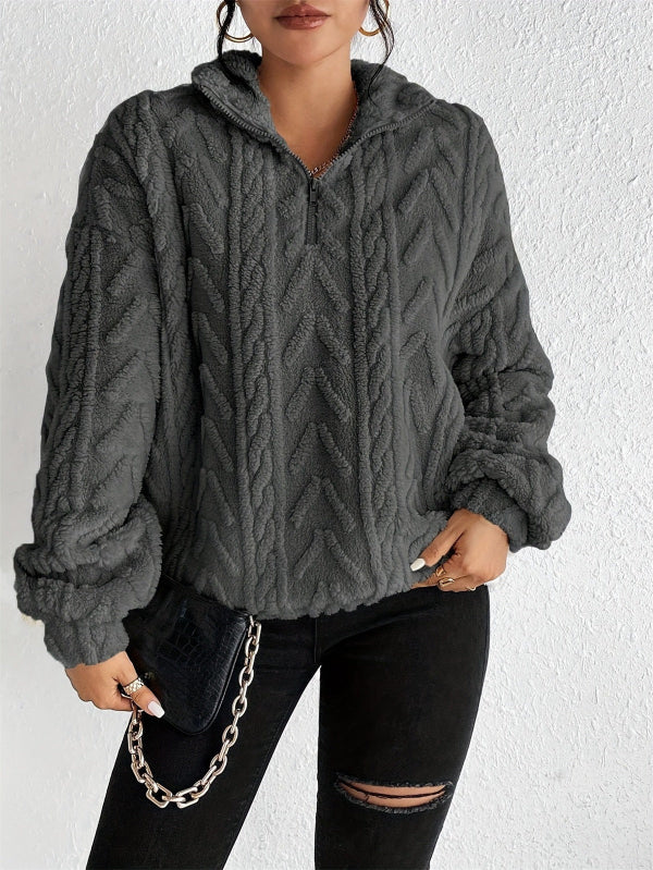 Pull Femme En Faux Shearling Et Maille Cable Doux Coupe Décontractée Zip Demi Pour Automne Hiver