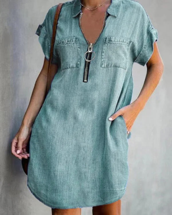 Amawinc Robe En Jean Pour Femme À Coupe Décontractée Manches Courtes Fermeture Éclair Devant Poches Utilitaires