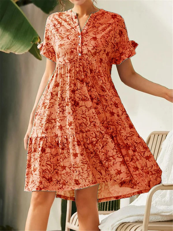 Robe A Ligne Femme Encolure V Imprimé Floral Jupe à Volants Étagée Manches Bouffantes Mélange Coton