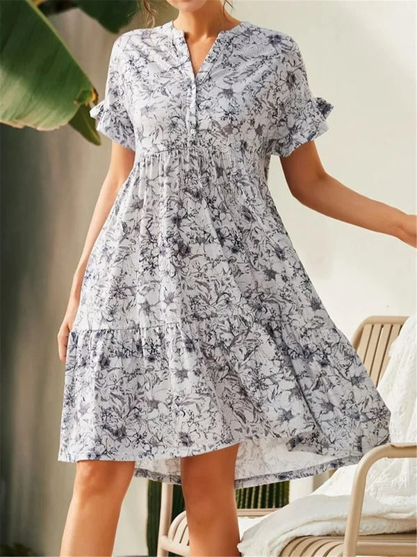 Robe A Ligne Femme Encolure V Imprimé Floral Jupe à Volants Étagée Manches Bouffantes Mélange Coton