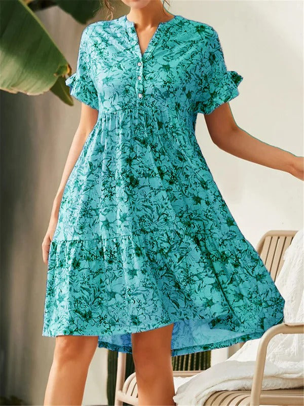 Robe A Ligne Femme Encolure V Imprimé Floral Jupe à Volants Étagée Manches Bouffantes Mélange Coton