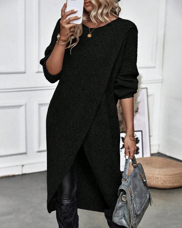Pull Long Femmes Oversize En Laine Côtelée Avec Design Wrap Asymétrique Confortable Polyvalent