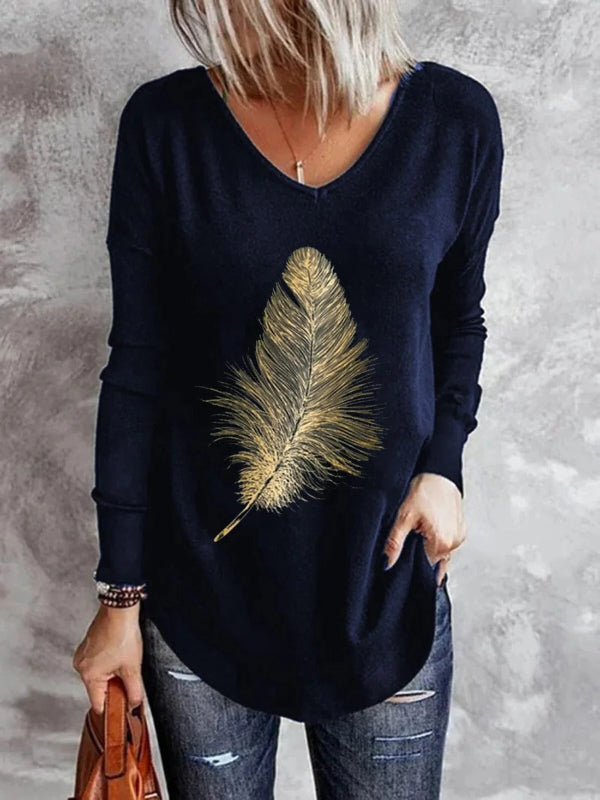 Pull Décontracté Pour Femme En Tricot Doux Col V Avec Accent Plume Manche Longue Nordisk Flair